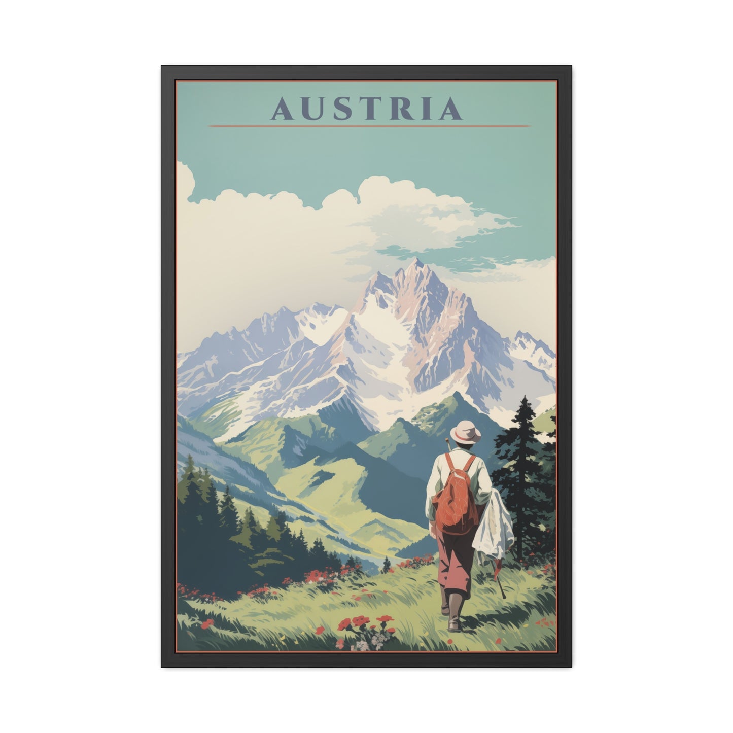 Vintage Austria Travel Poster - Alpine Hiking Scene Framed Posters