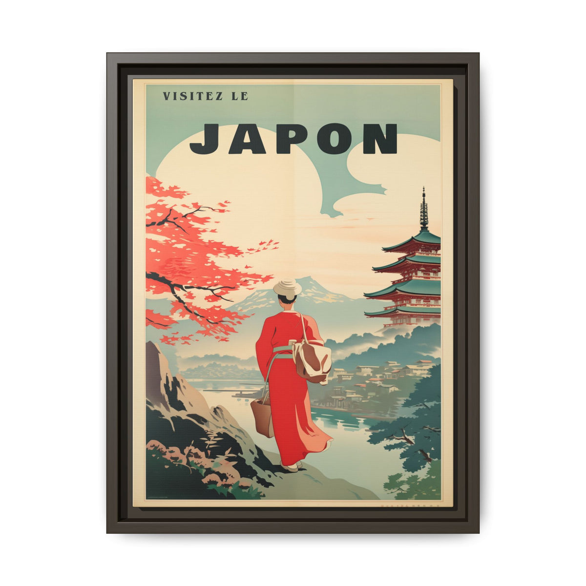 Vintage Visit Japan pagoda and maple artwork, 12 × 16, espresso framed canvas, front view