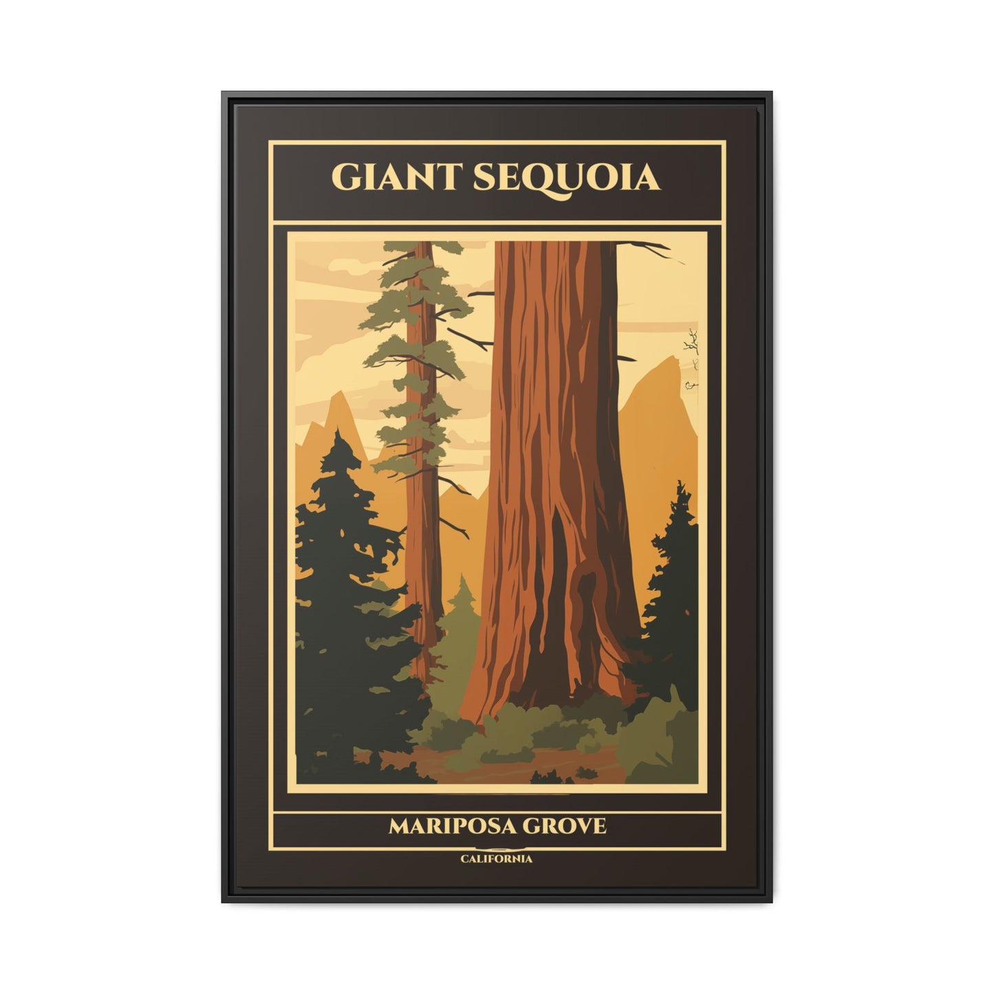 "Vintage Giant Sequoia Poster - Mariposa Grove, California Matte Canvas Wall Art with Black Frame" Matte Canvas, Black Frame