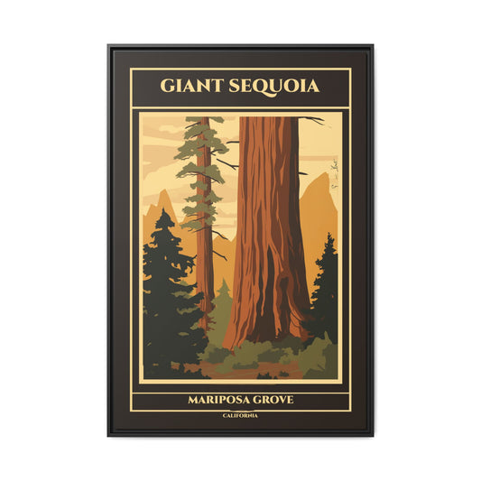 "Vintage Giant Sequoia Poster - Mariposa Grove, California Matte Canvas Wall Art with Black Frame" Matte Canvas, Black Frame