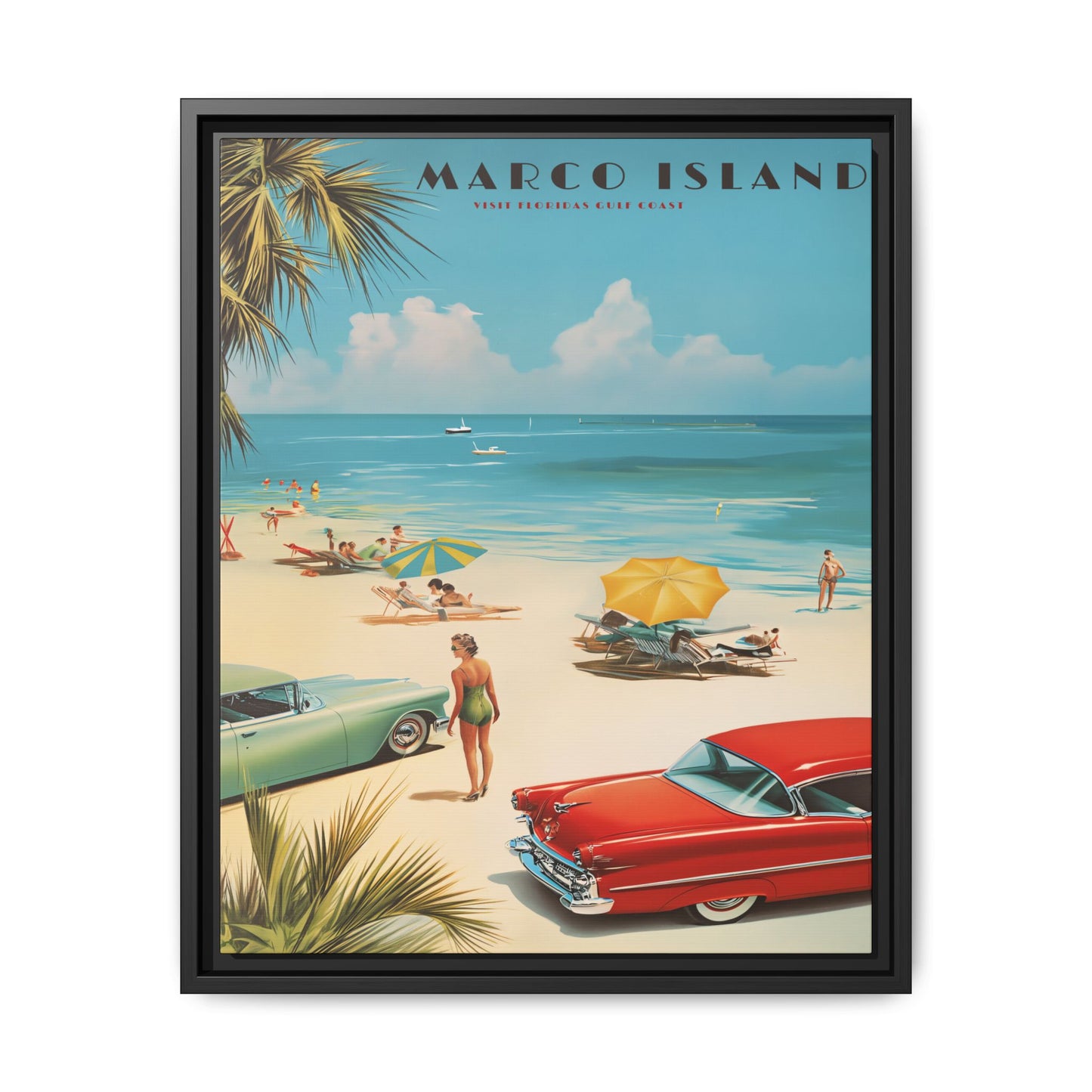 "Marco Island Retro Beach Scene – Vintage Wall Art of Florida’s Gulf Coast" Matte Canvas, Black Frame
