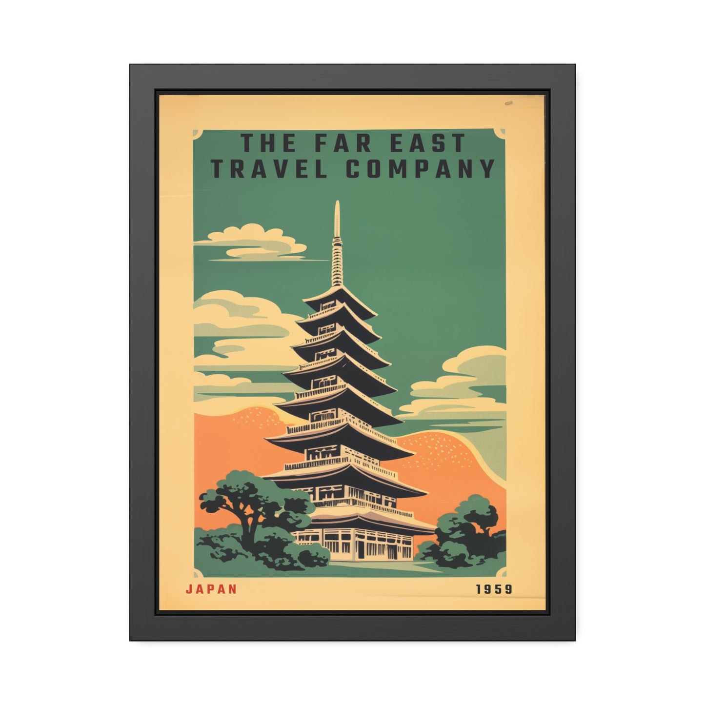 Framed Japan Travel Poster — Vintage Far East Pagoda Wall Art