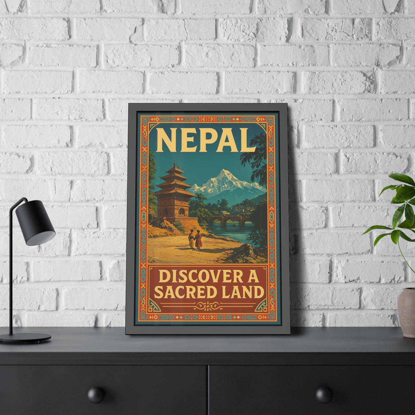 Framed Nepal Travel Poster — "Discover a Sacred Land" Vintage Wall Art
