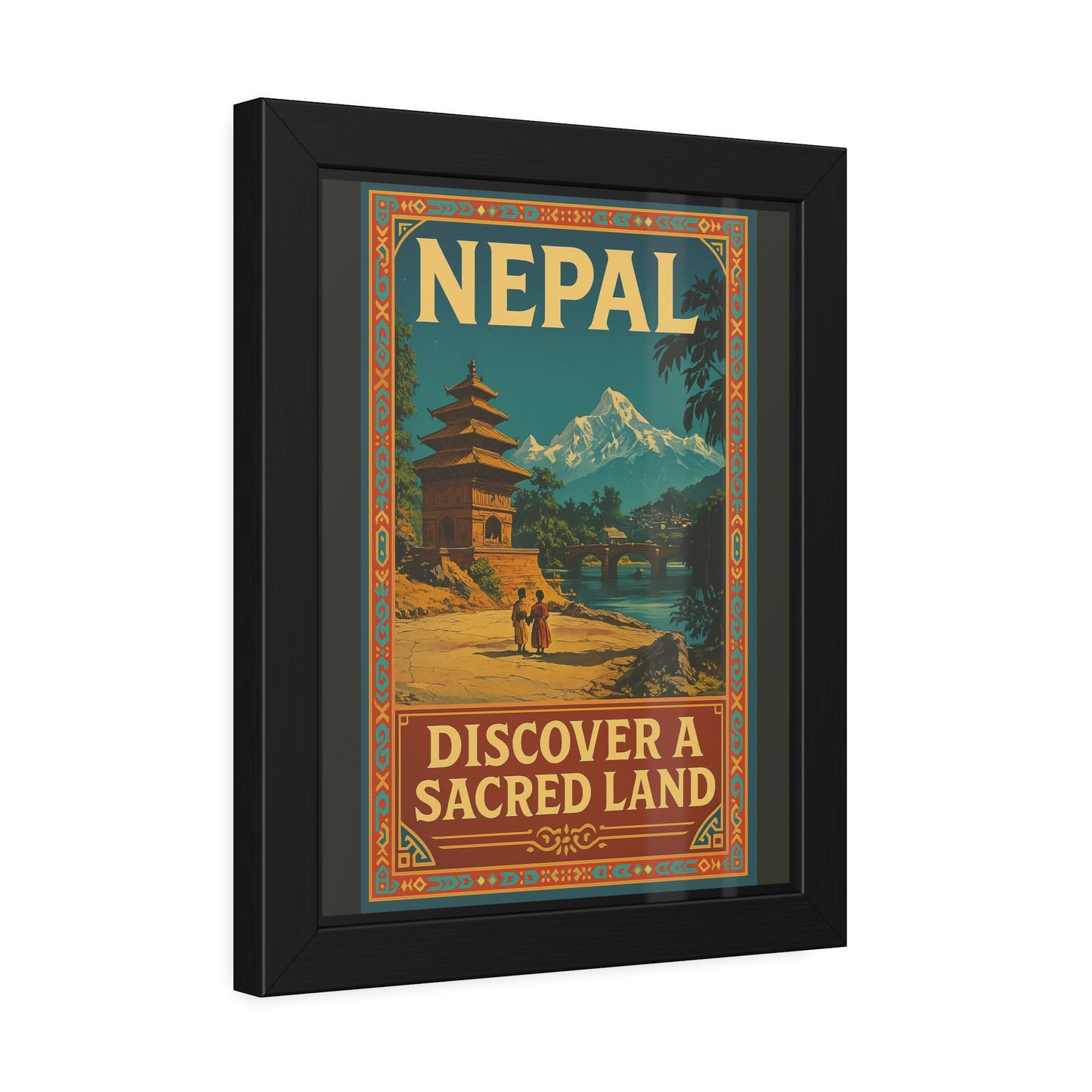 Framed Nepal Travel Poster — "Discover a Sacred Land" Vintage Wall Art