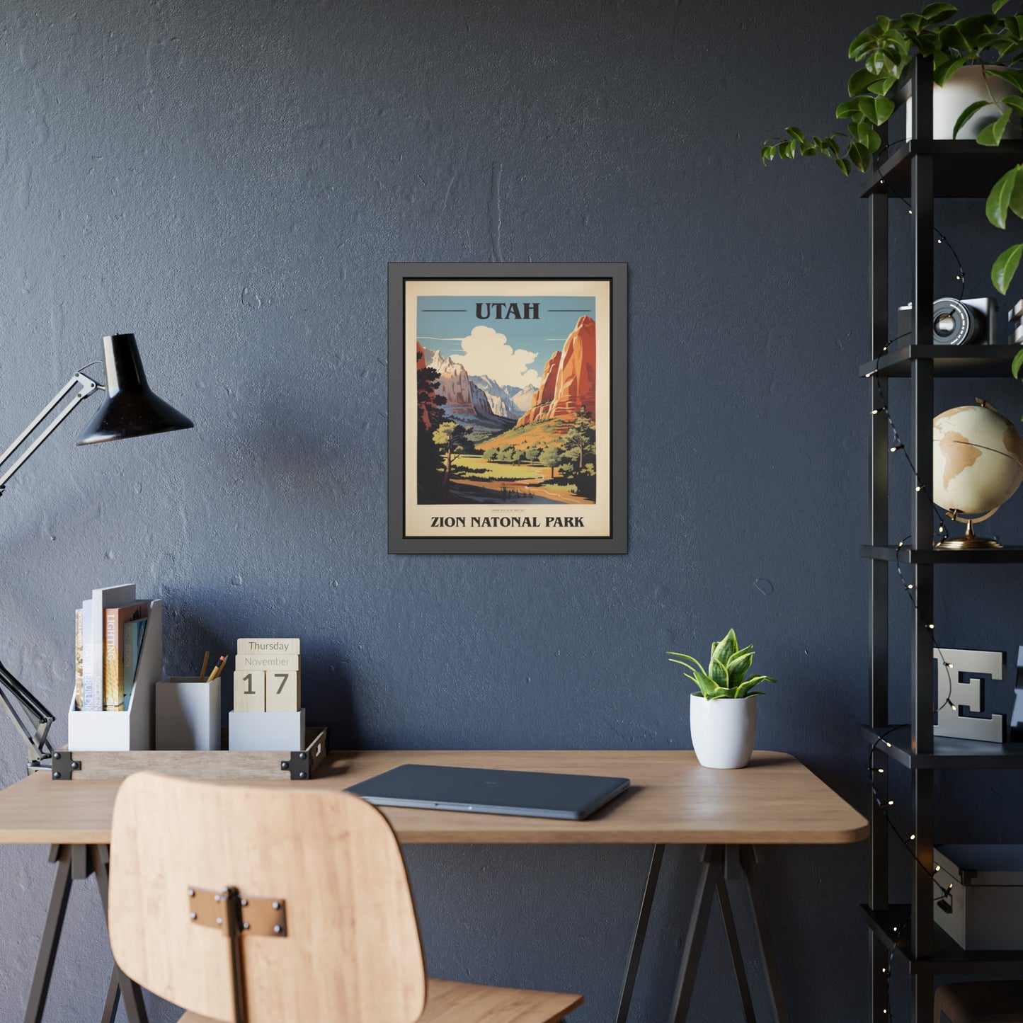 Framed vintage Utah Zion National Park travel art print on a home office desk, additional view