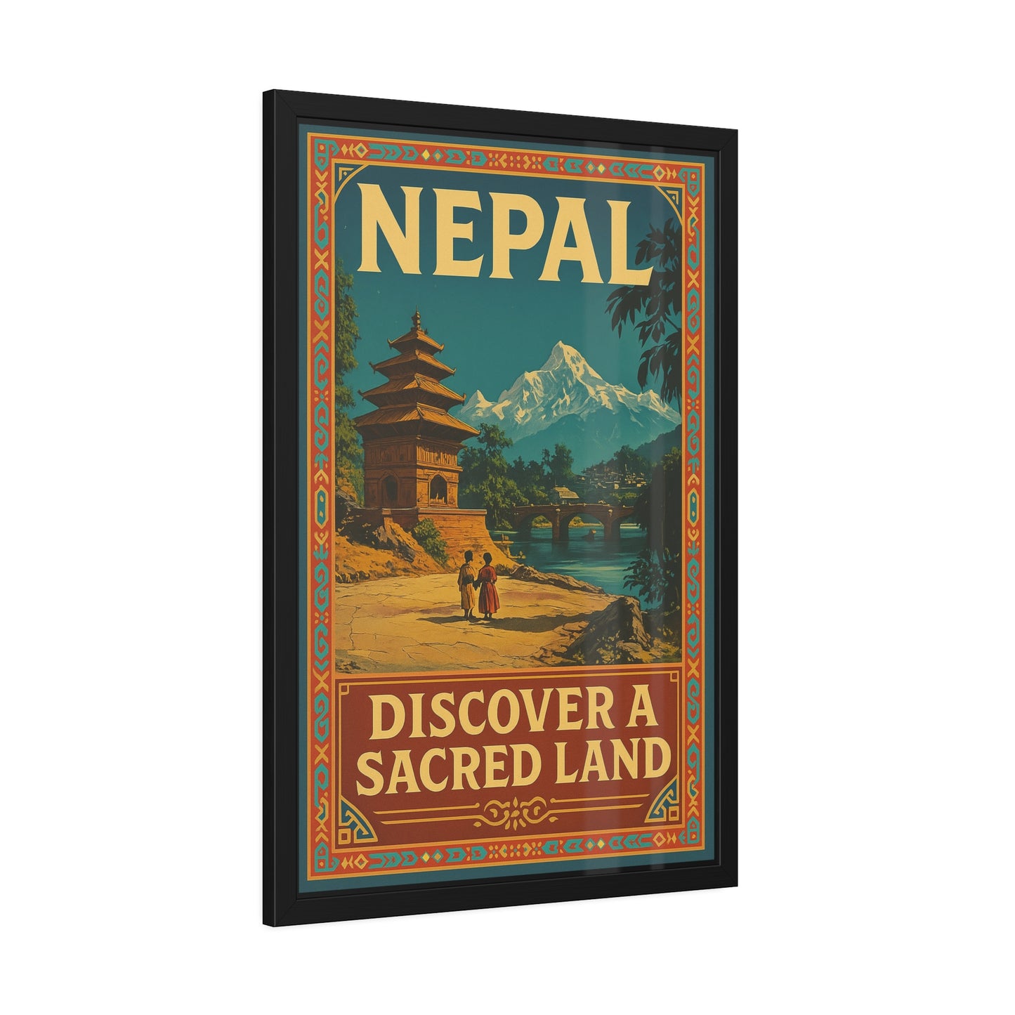 Framed Nepal Travel Poster — "Discover a Sacred Land" Vintage Wall Art