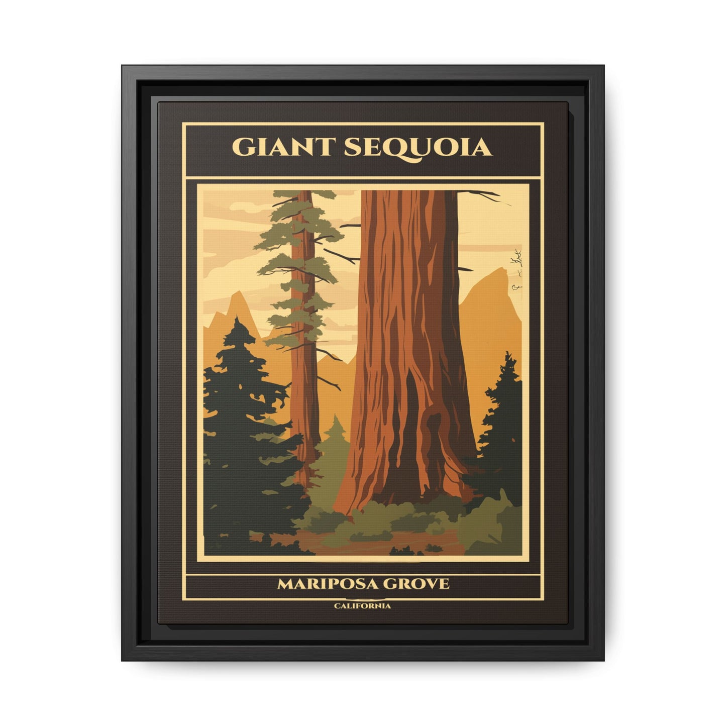 "Vintage Giant Sequoia Poster - Mariposa Grove, California Matte Canvas Wall Art with Black Frame" Matte Canvas, Black Frame
