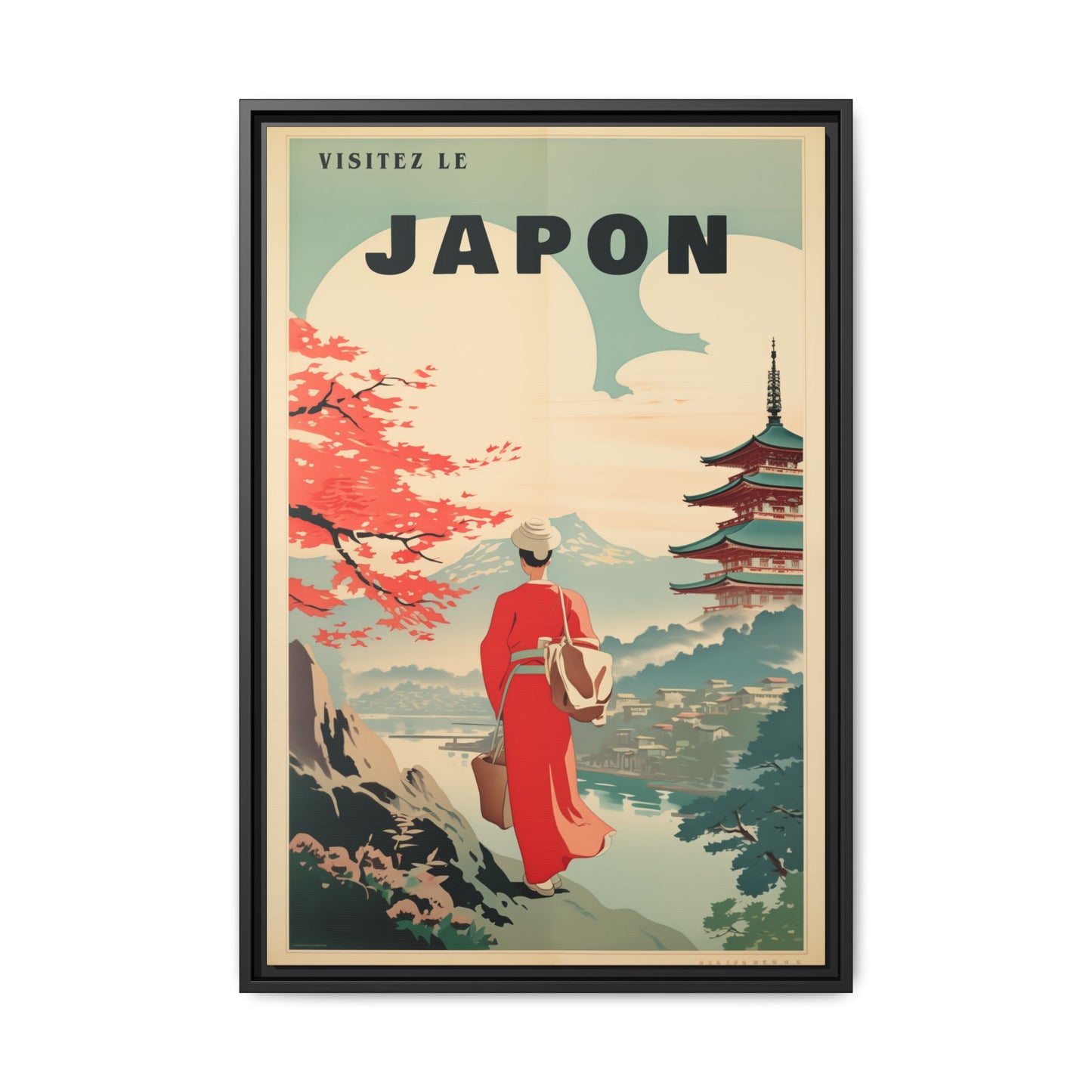 "Vintage French Japan Travel Poster - 'Visitez Le Japon' Matte Canvas Wall Art with Black Frame" Matte Canvas, Black Frame