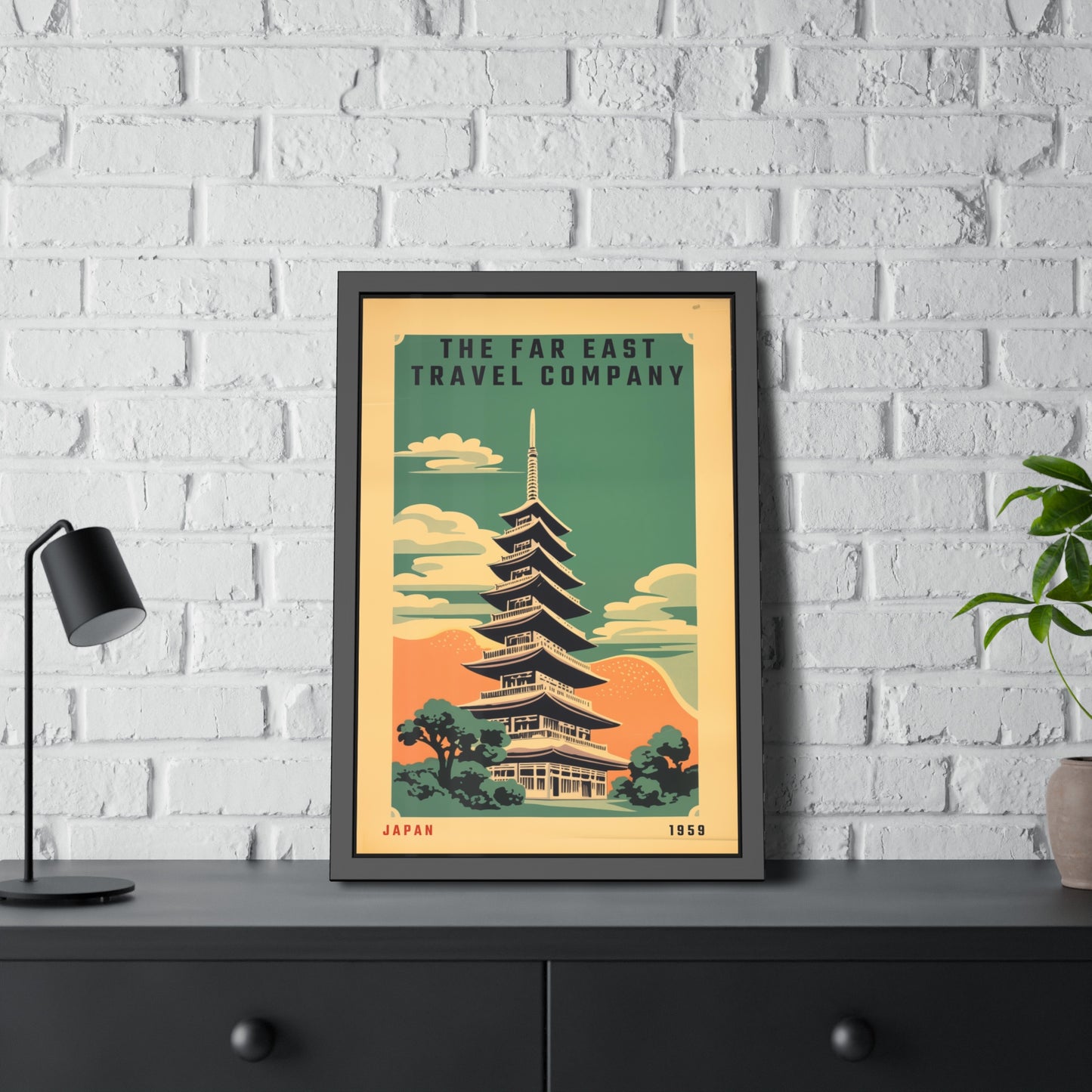 Framed Japan Travel Poster — Vintage Far East Pagoda Wall Art