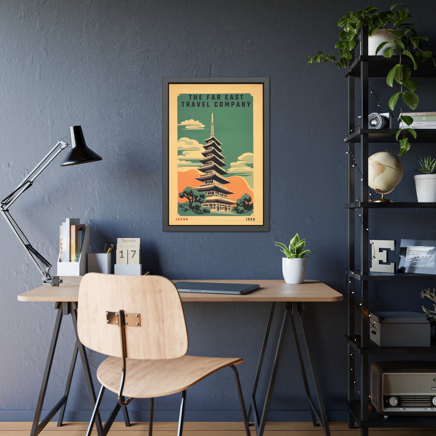 Framed Japan Travel Poster — Vintage Far East Pagoda Wall Art