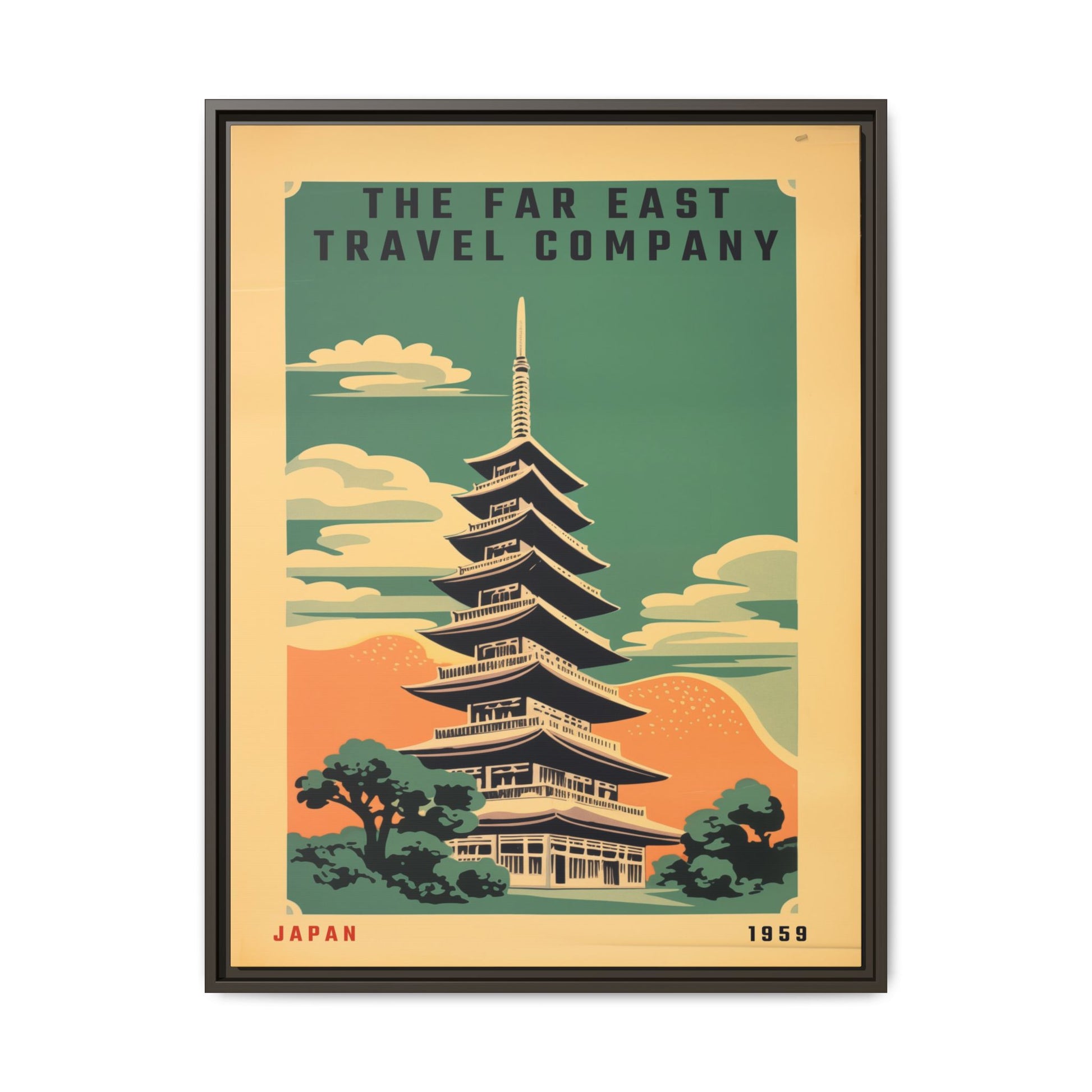 Vintage Far East Travel Company artwork, 24 × 32, espresso framed canvas, front view