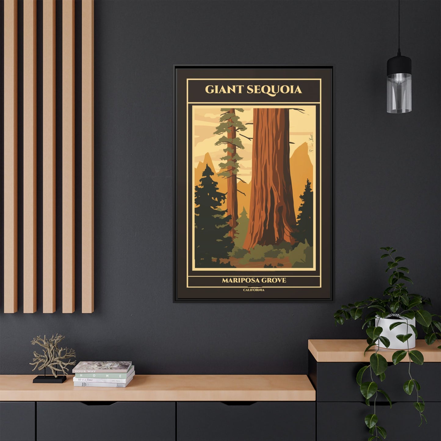 "Vintage Giant Sequoia Poster - Mariposa Grove, California Matte Canvas Wall Art with Black Frame" Matte Canvas, Black Frame