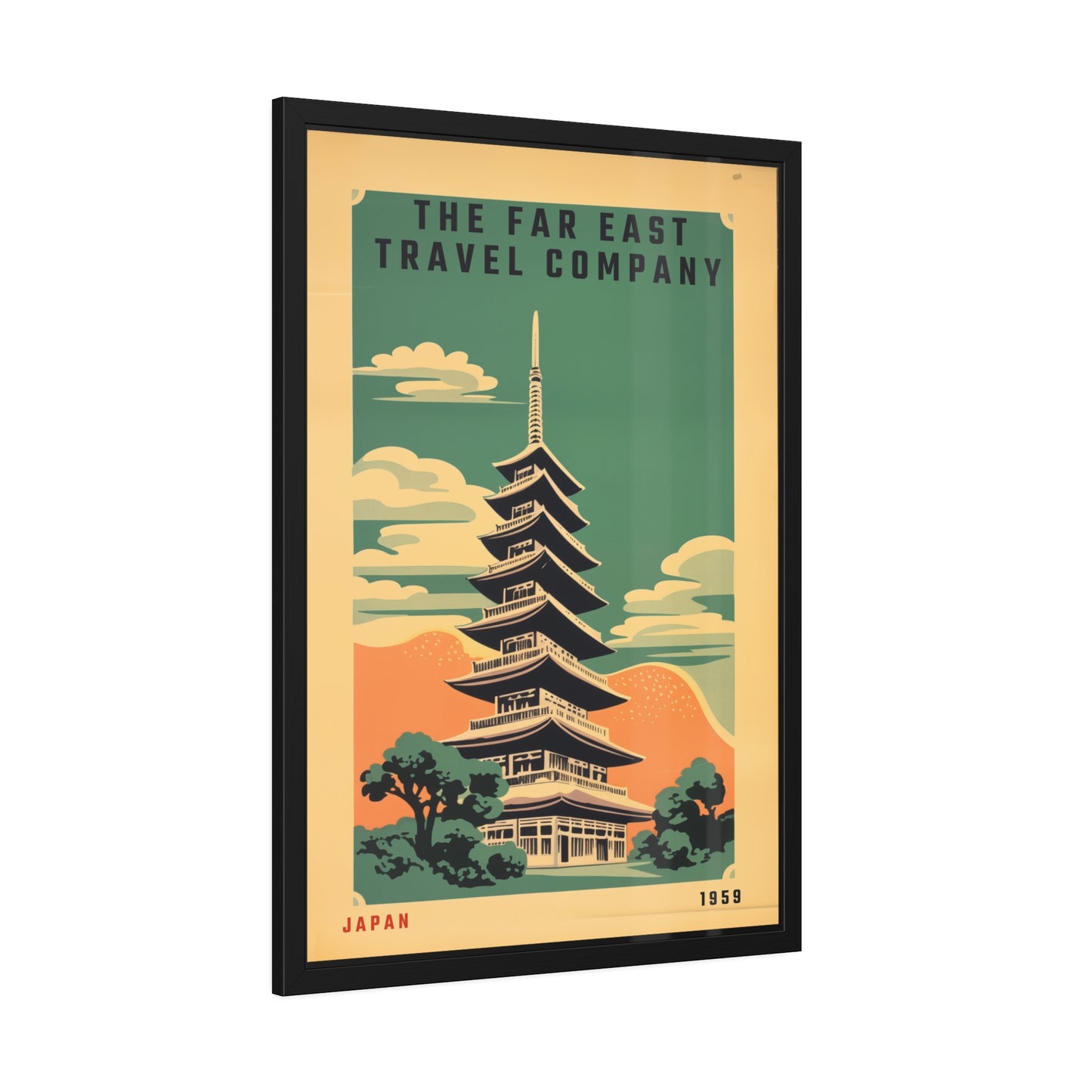 Framed Japan Travel Poster — Vintage Far East Pagoda Wall Art