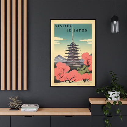 "Vintage Japanese Pagoda Travel Poster - 'Visitez Le Japon' Matte Canvas Wall Art with Black Frame" Matte Canvas, Black Frame