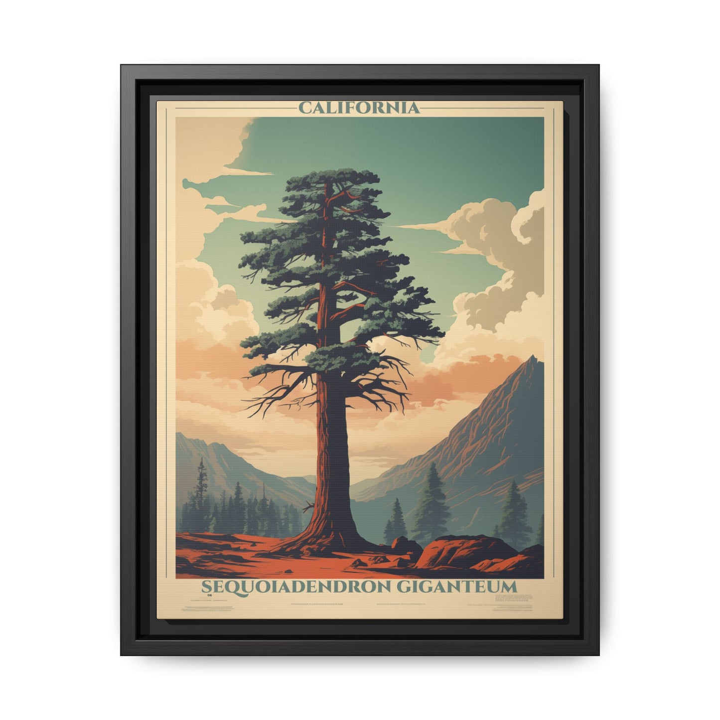"Vintage California Sequoia Poster - Sequoiadendron Giganteum Matte Canvas Wall Art with Black Frame" Matte Canvas, Black Frame