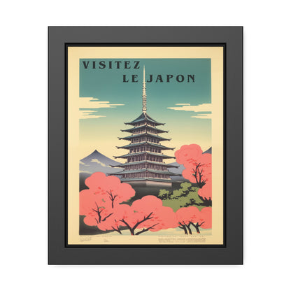 Framed Poster - "Visitez Le Japon" Vintage Travel Art (Cherry Blossom Pagoda)