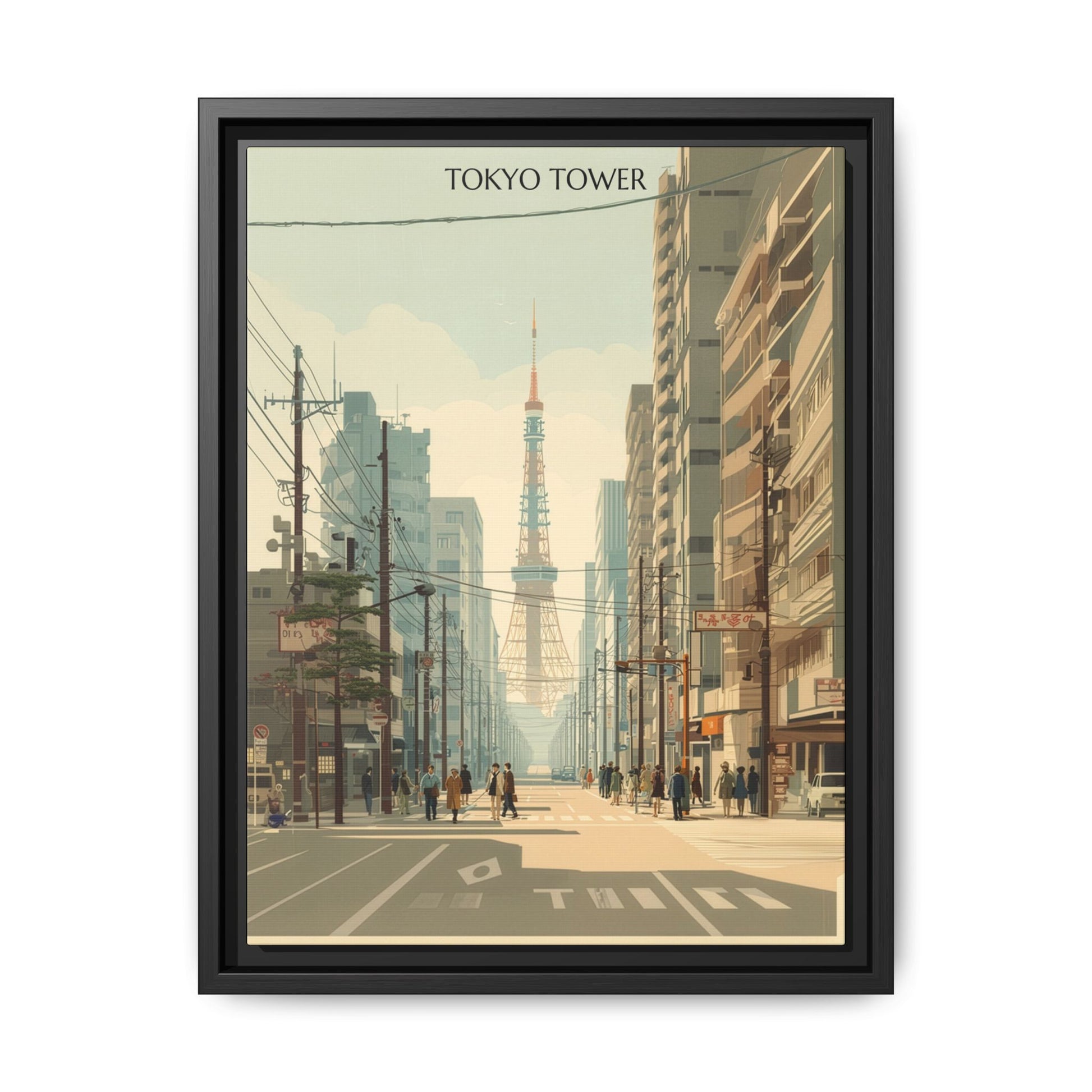Vintage Tokyo Tower artwork, 12 × 16, black framed canvas, front view