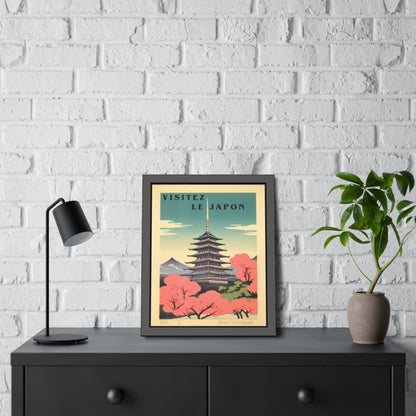 Framed Poster - "Visitez Le Japon" Vintage Travel Art (Cherry Blossom Pagoda)