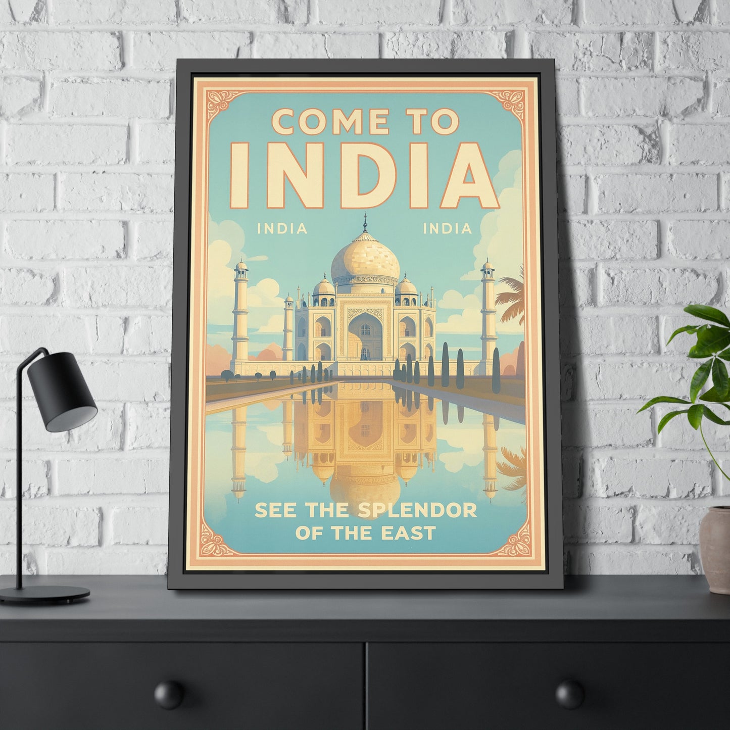 Come to India Framed Poster – Vintage Taj Mahal Travel Art Print