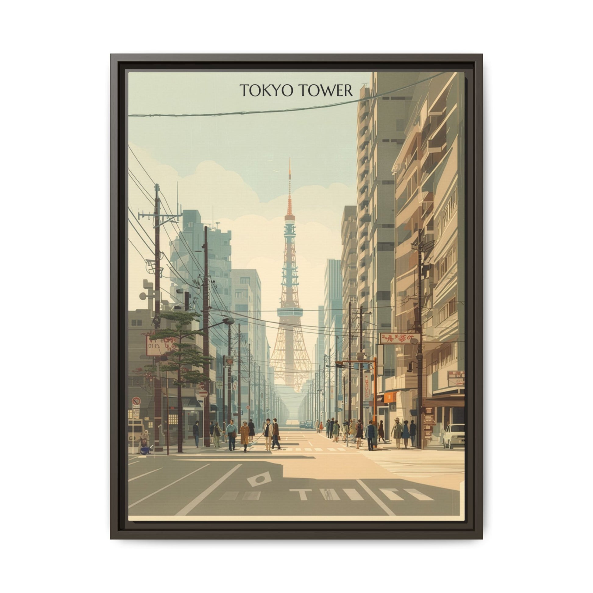Vintage Tokyo Tower artwork, 18 × 24, espresso framed canvas, front view