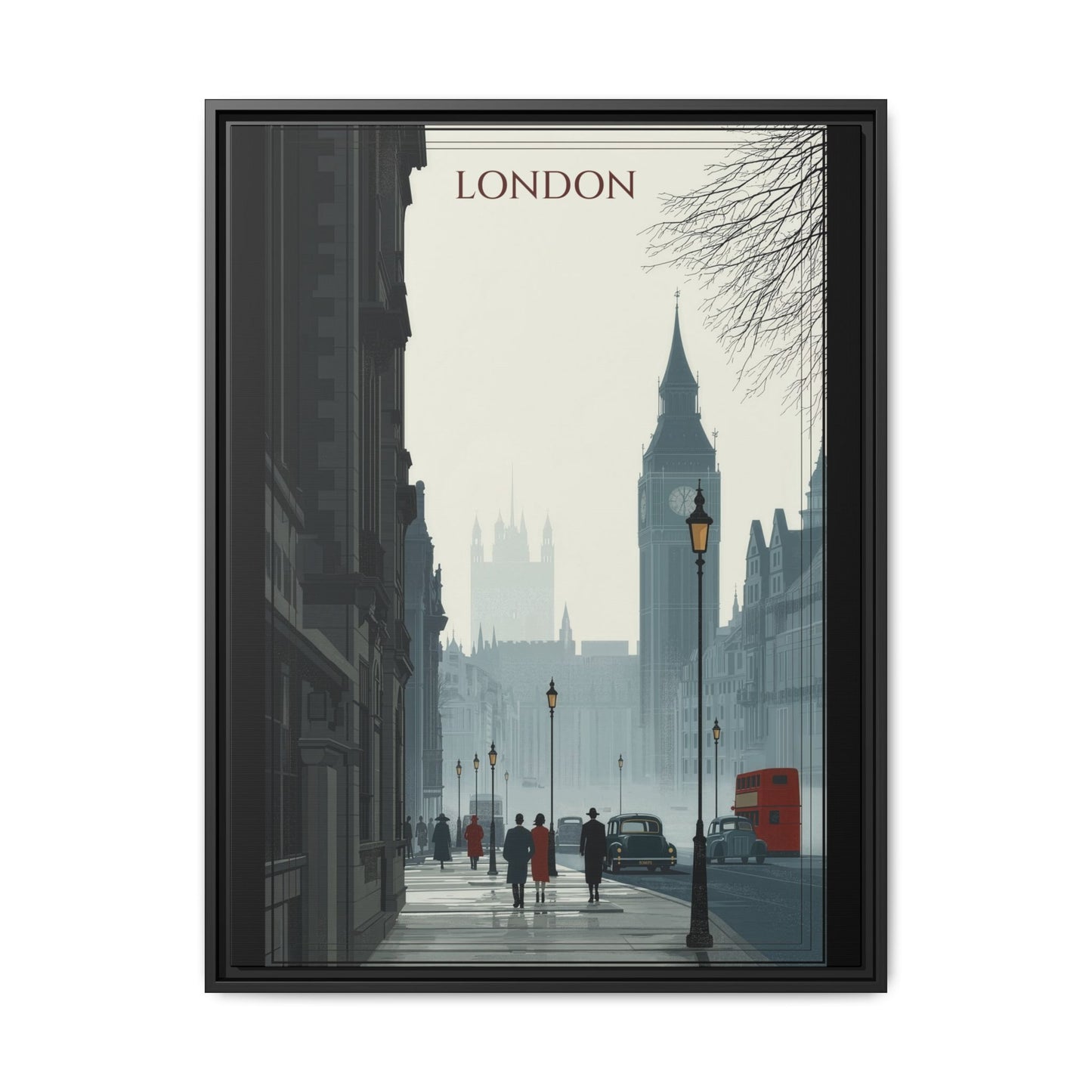 London Street Matte Canvas Print — Framed Vintage Cityscape Wall Art