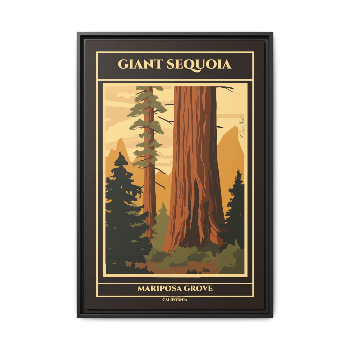 "Vintage Giant Sequoia Poster - Mariposa Grove, California Matte Canvas Wall Art with Black Frame" Matte Canvas, Black Frame