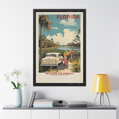 Vintage Florida Wetlands and Marshes Retro Wall Art – Vintage Travel Poster with Wooden Frame