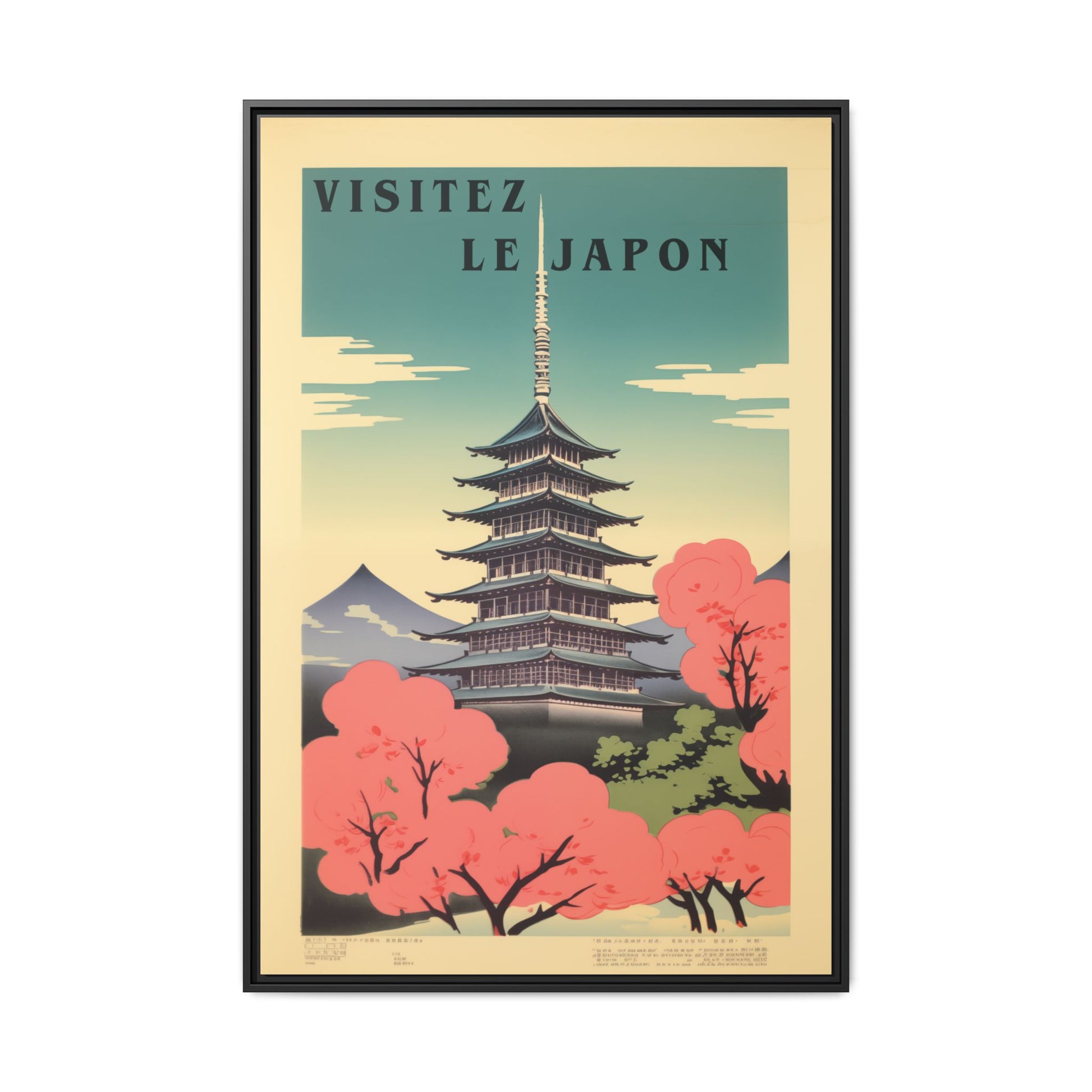 Visitez Le Japon vintage pagoda travel artwork, 32 × 48, black framed canvas, front view