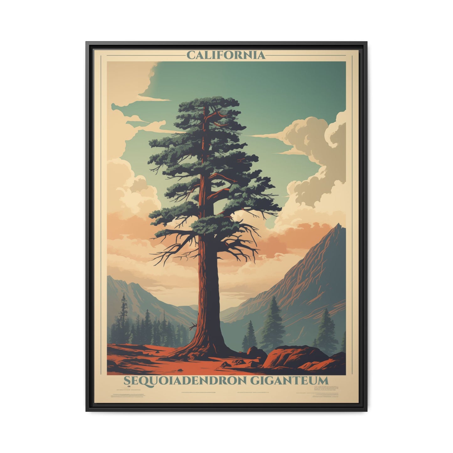 "Vintage California Sequoia Poster - Sequoiadendron Giganteum Matte Canvas Wall Art with Black Frame" Matte Canvas, Black Frame