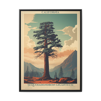 "Vintage California Sequoia Poster - Sequoiadendron Giganteum Matte Canvas Wall Art with Black Frame" Matte Canvas, Black Frame