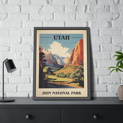 Framed vintage Utah Zion National Park travel art print on a dark shelf beside a plant