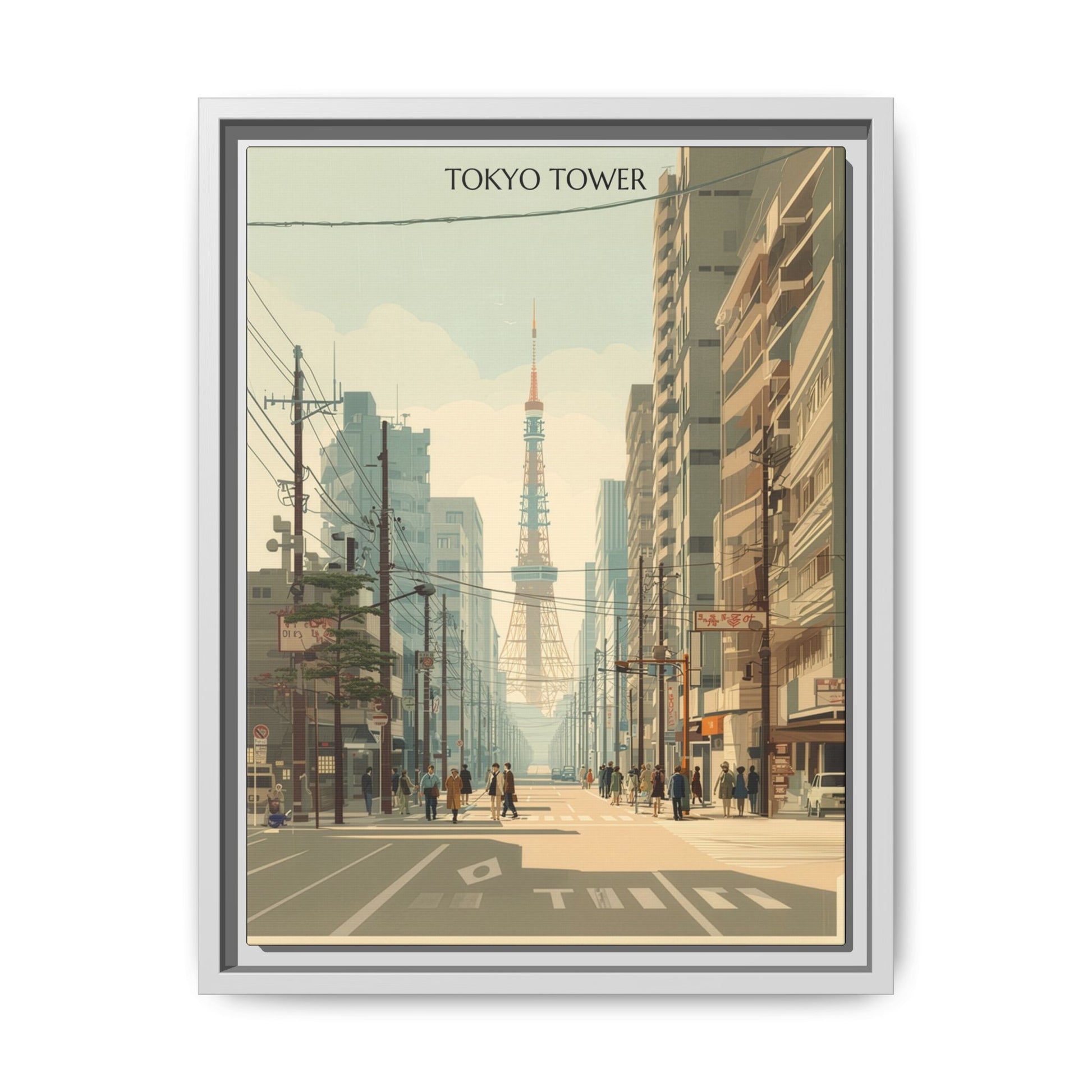 Vintage Tokyo Tower artwork, 12 × 16, white framed canvas, front view