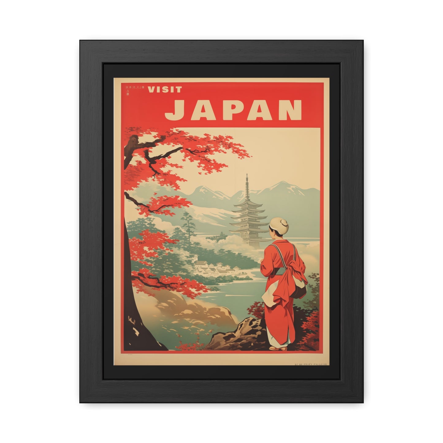 Vintage Japan Travel Poster - 'Visit Japan' Scenic Pagoda View Framed Posters