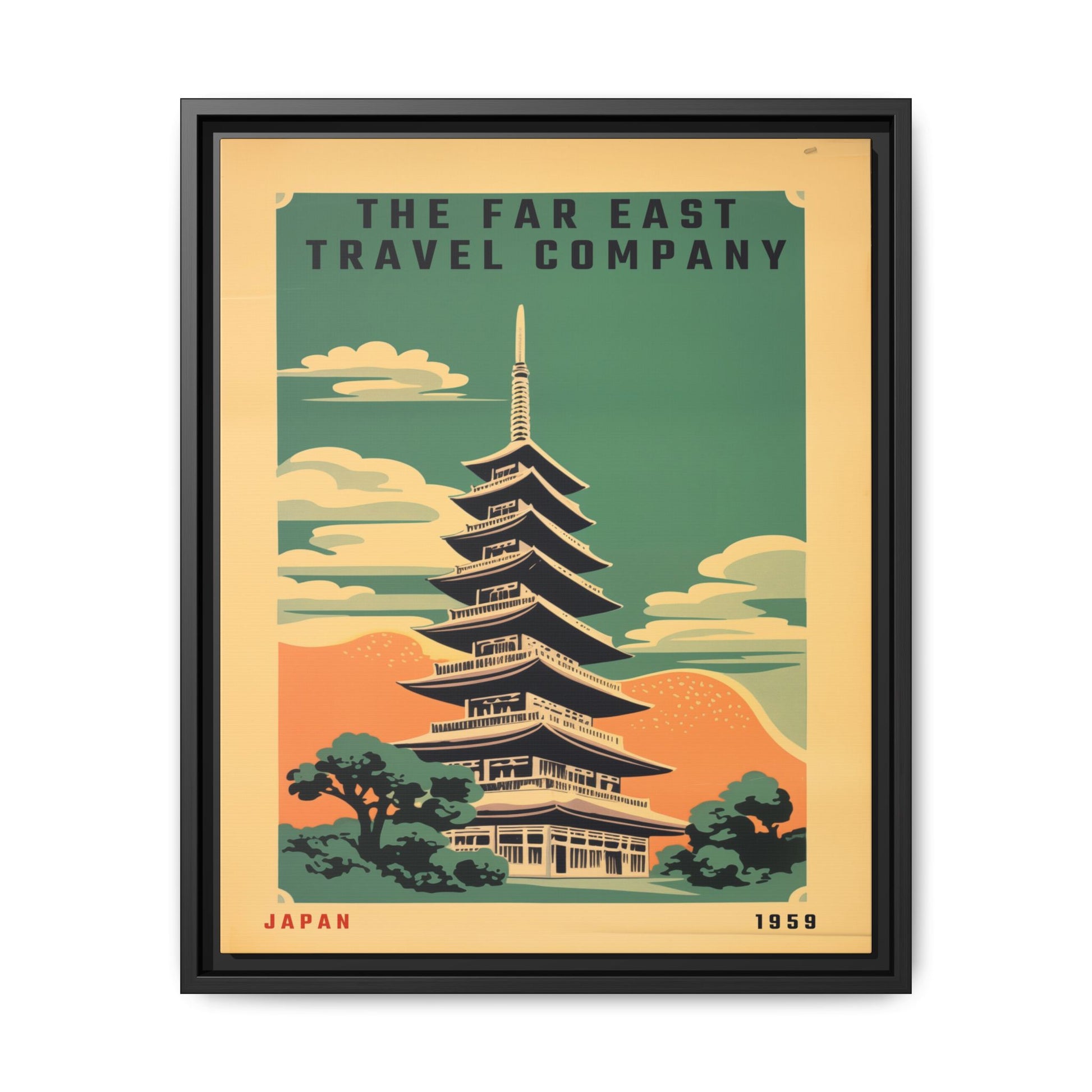 Vintage Far East Travel Company artwork, 16 × 20, black framed canvas, front view