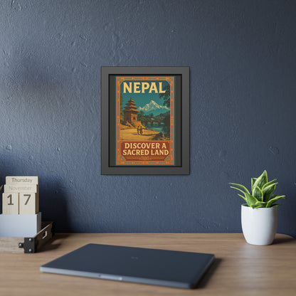 Framed Nepal Travel Poster — "Discover a Sacred Land" Vintage Wall Art