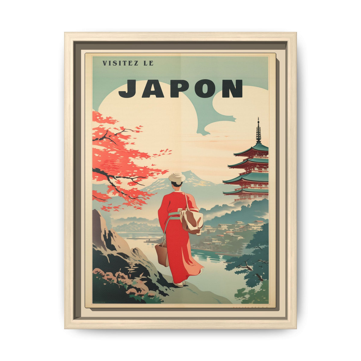 Vintage Visit Japan pagoda and maple artwork, 9 × 12, natural framed canvas, front view