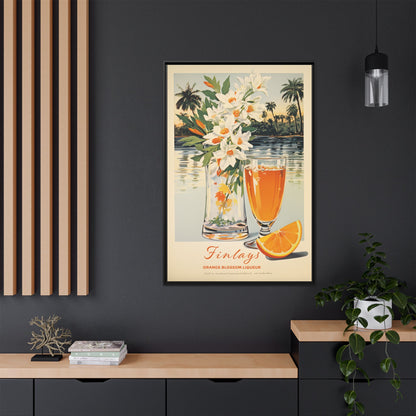 "Finlays Orange Blossom Liqueur Art Print – Tropical Vintage Featuring Florals and Coastal Scenery" Matte Canvas, Black Frame