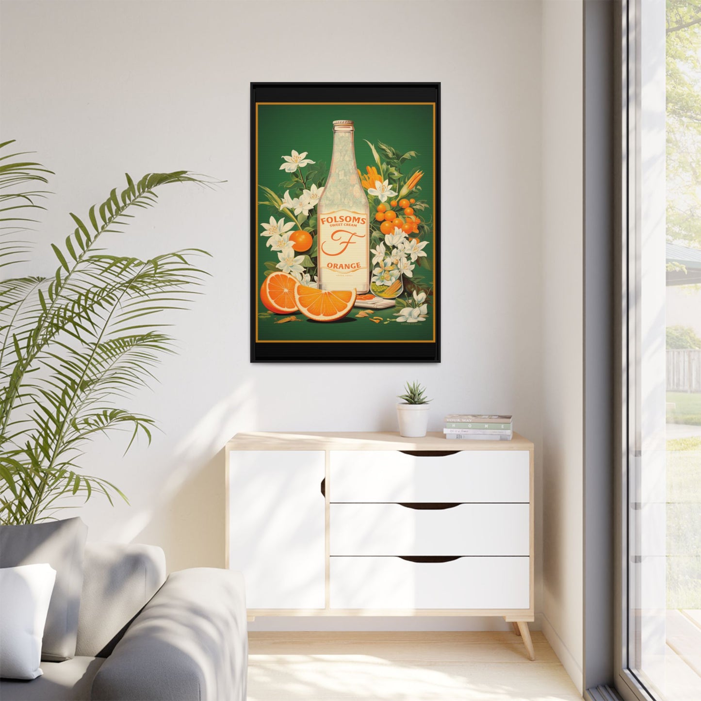 "Folsoms Sweet Cream Orange.  – Vintage Citrus and Floral Artwork" Matte Canvas, Black Frame