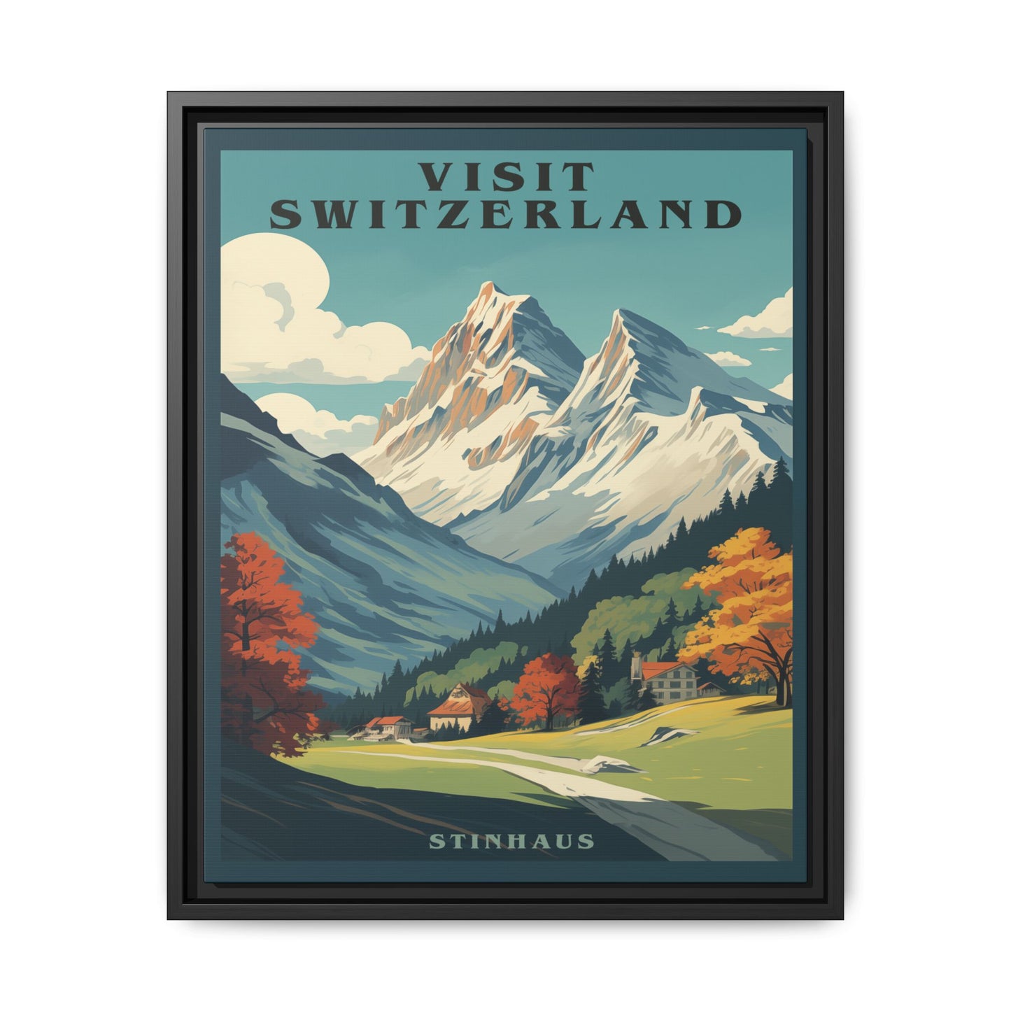 "Visit Switzerland Vintage Poster | Matte Canvas with Black Frame"