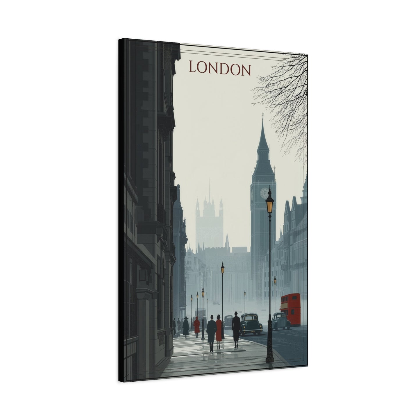 London Street Scene Matte Canvas Wall Art – Vintage Big Ben Cityscape Print
