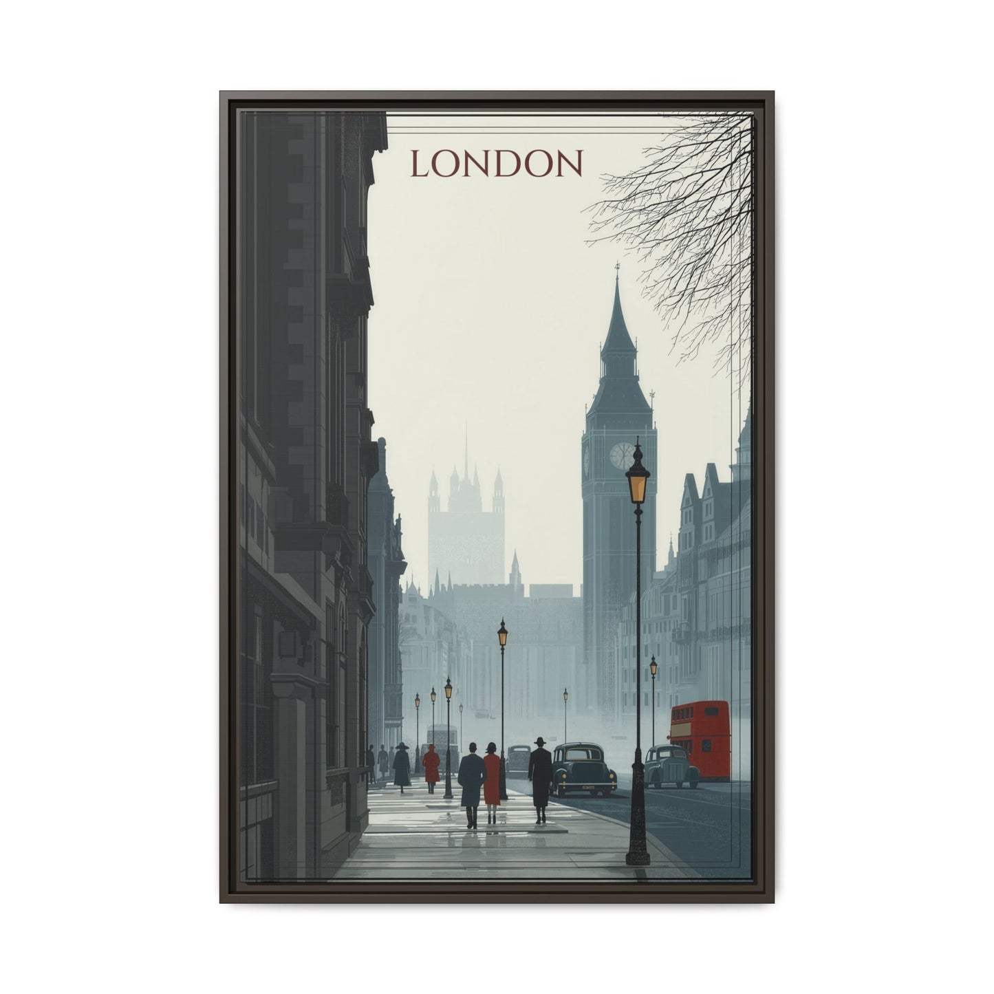 London Street Matte Canvas Print — Framed Vintage Cityscape Wall Art