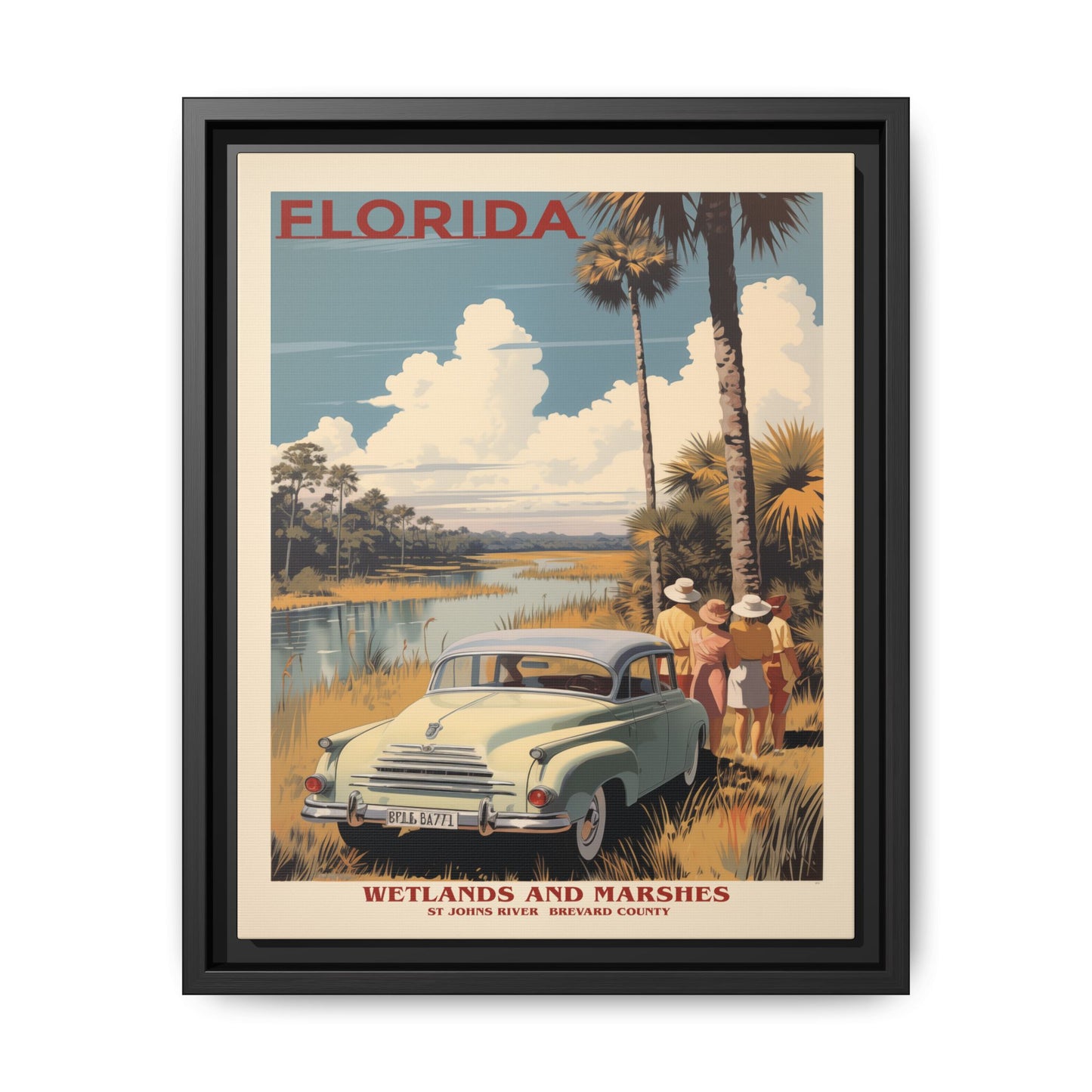 "Vintage Florida Poster - Wetlands and Marshes St. Johns River Matte Canvas Wall Art with Black Frame" Matte Canvas, Black Frame