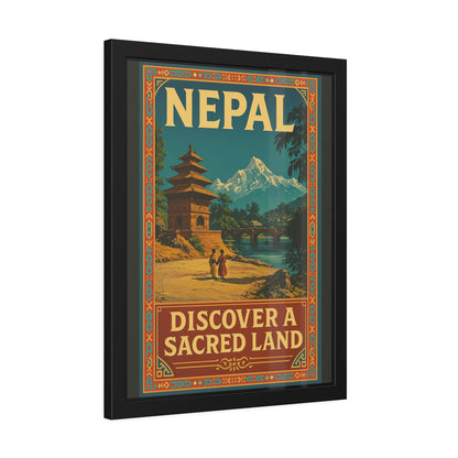 Framed Nepal Travel Poster — "Discover a Sacred Land" Vintage Wall Art