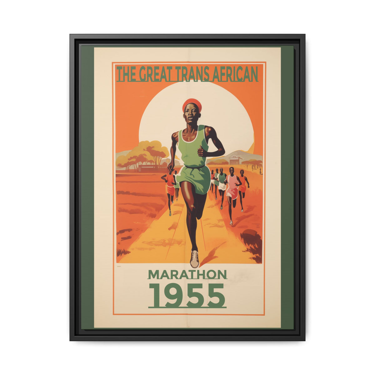 Vintage 1955 Great Trans African Marathon artwork, 18 × 24, black framed canvas, front view