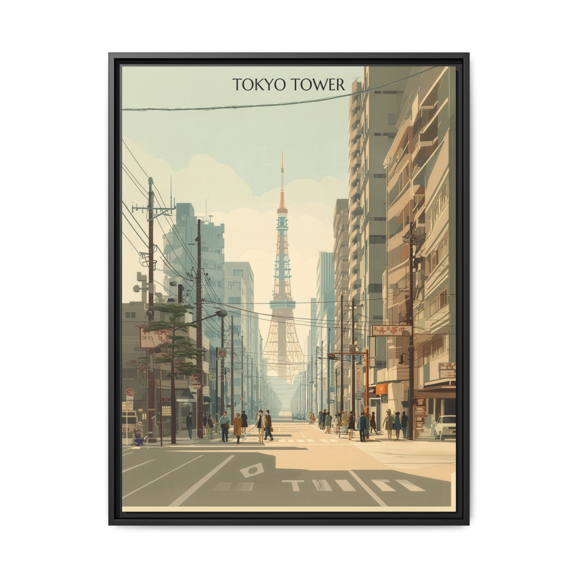 Vintage Tokyo Tower artwork, 24 × 32, black framed canvas, front view