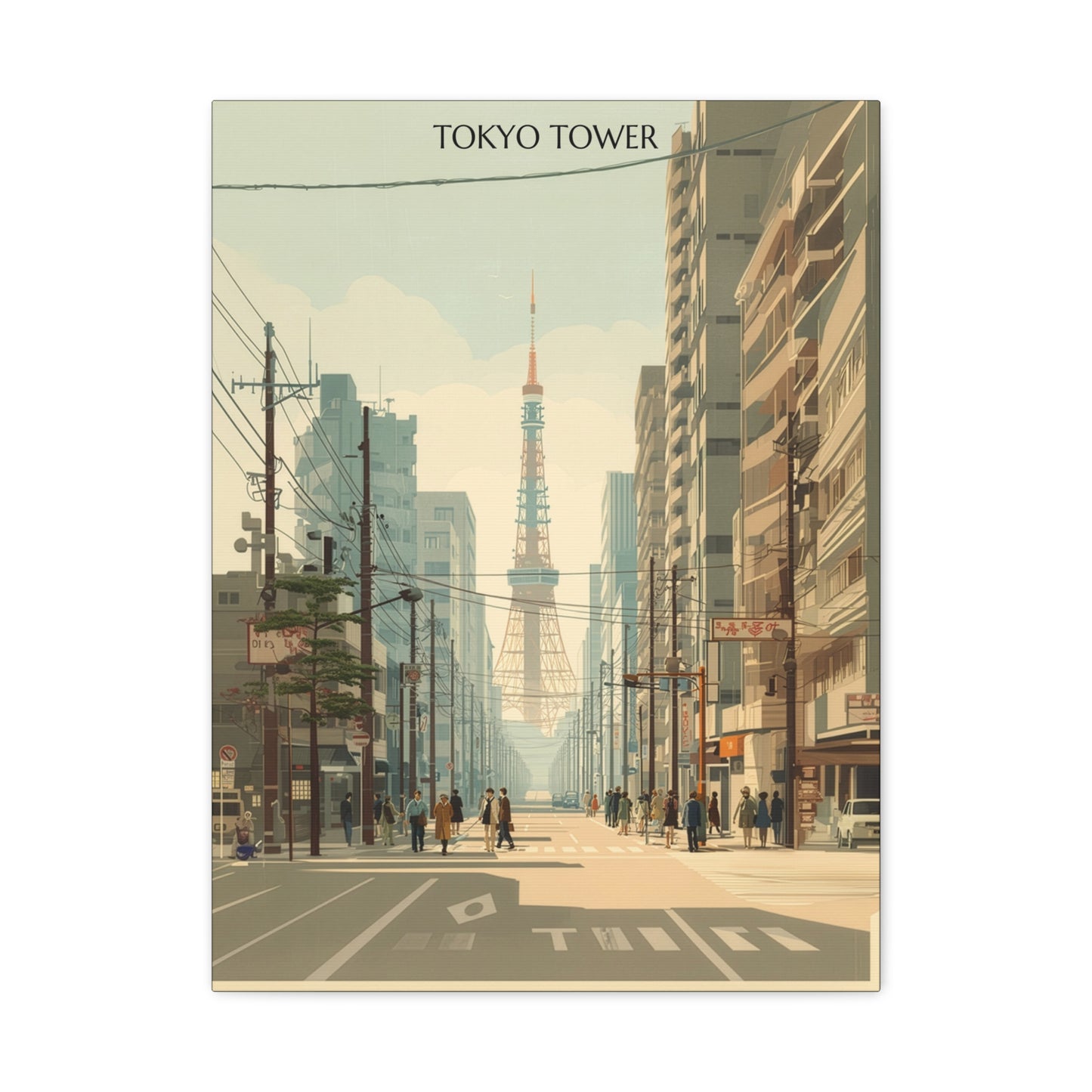 Tokyo vintage travel artwork, Tokyo Tower rising above a busy crosswalk lined with utility poles and storefronts, stretched canvas print