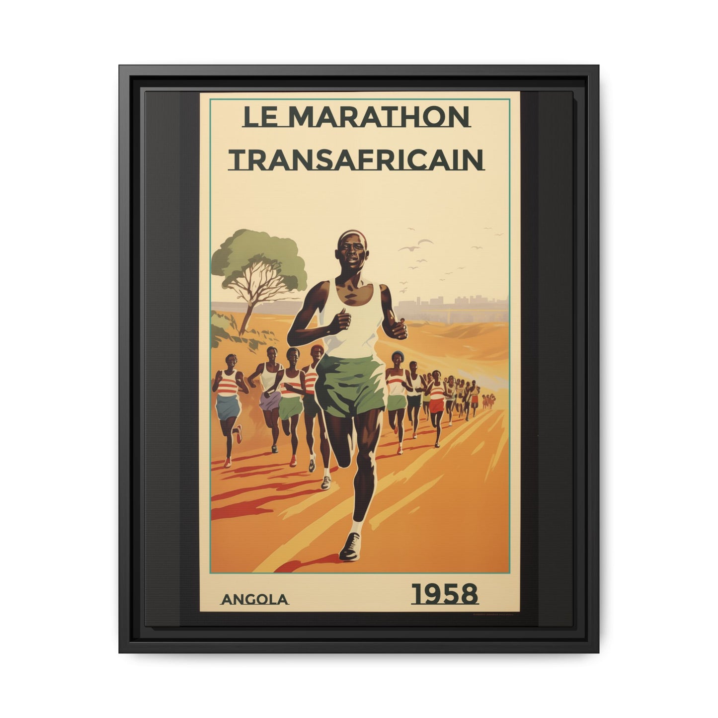 "Le Marathon Transafricain (French)". – 1958 Angola Vintage Matte Canvas, Black Frame