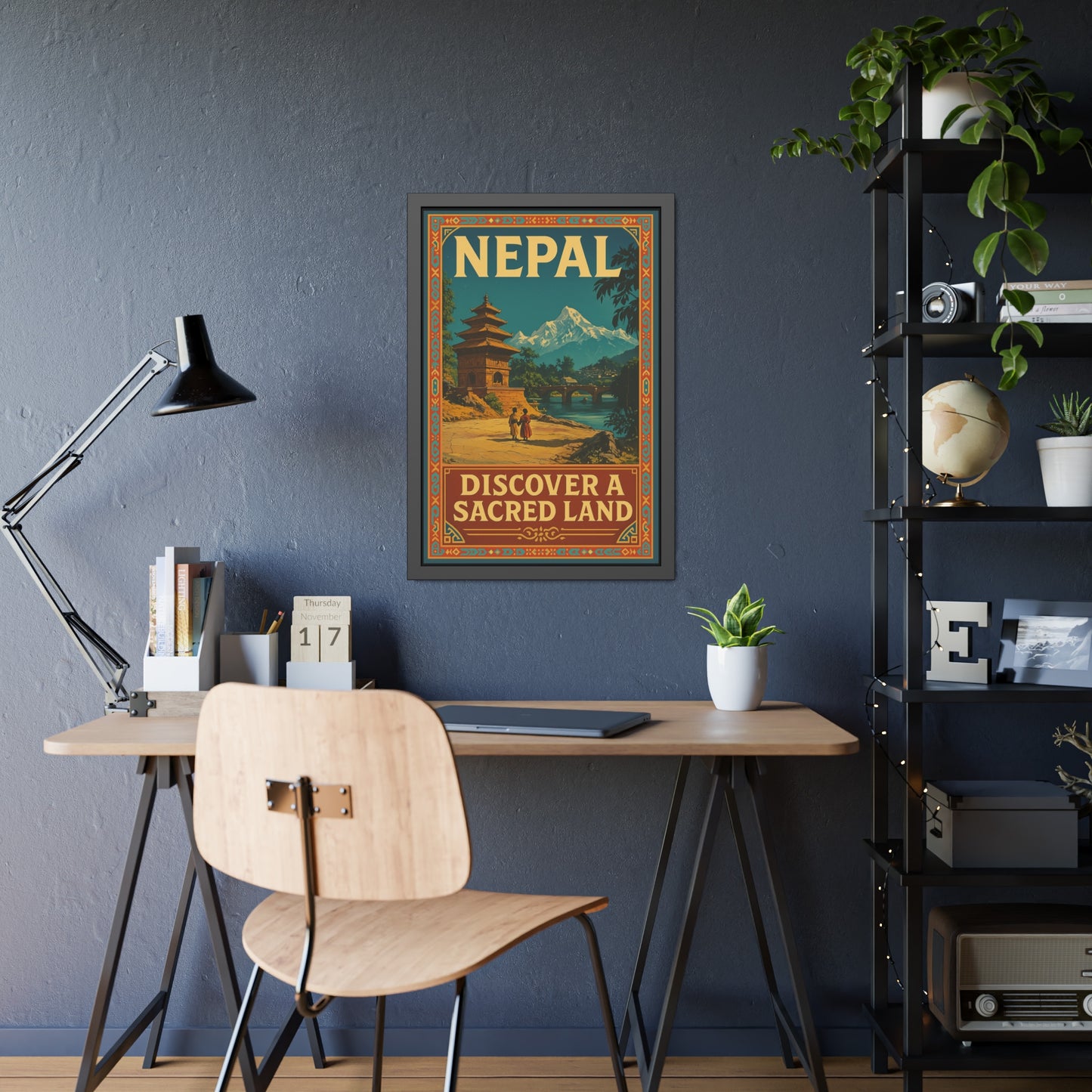 Framed Nepal Travel Poster — "Discover a Sacred Land" Vintage Wall Art