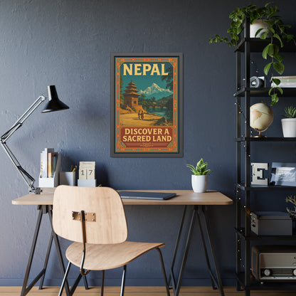 Framed Nepal Travel Poster — "Discover a Sacred Land" Vintage Wall Art