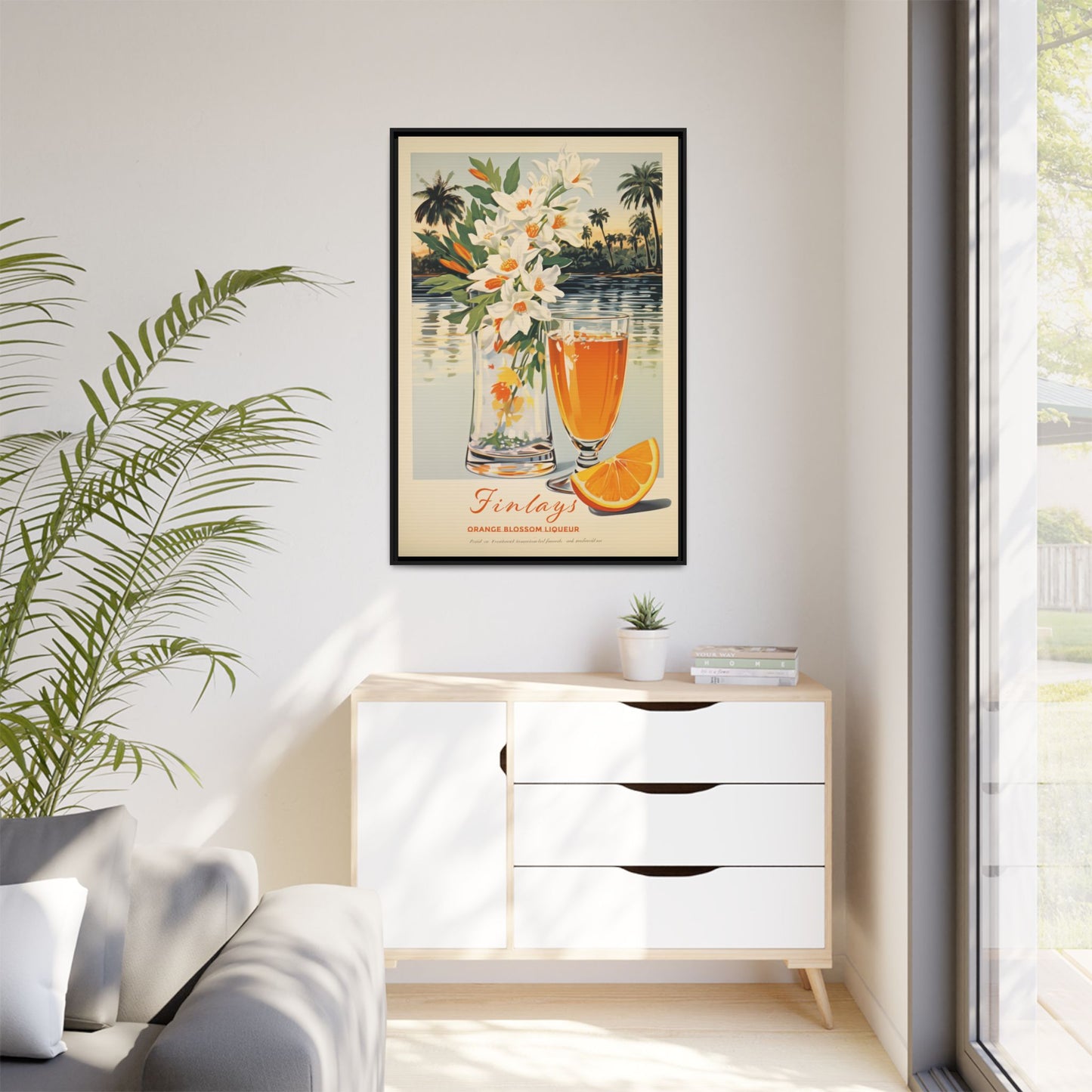 "Finlays Orange Blossom Liqueur Art Print – Tropical Vintage Featuring Florals and Coastal Scenery" Matte Canvas, Black Frame
